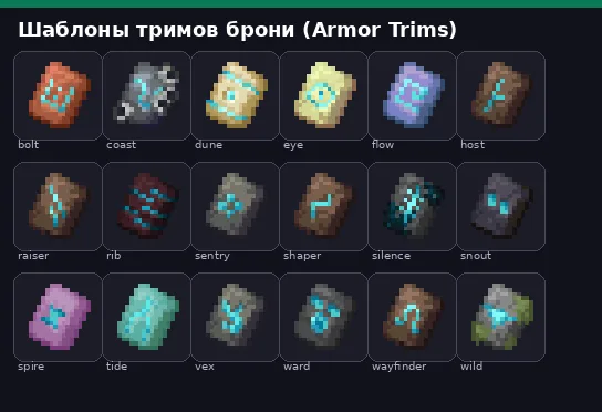 Все шаблоны armor trim Minecraft: sentry, vex, wild, coast, dune, wayfinder, raiser, shaper, host, ward, silence, tide, snout, rib, eye, spire, flow, bolt