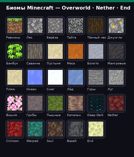 Сетка биомов Minecraft: равнины, леса, пустыня, снег, Nether, End