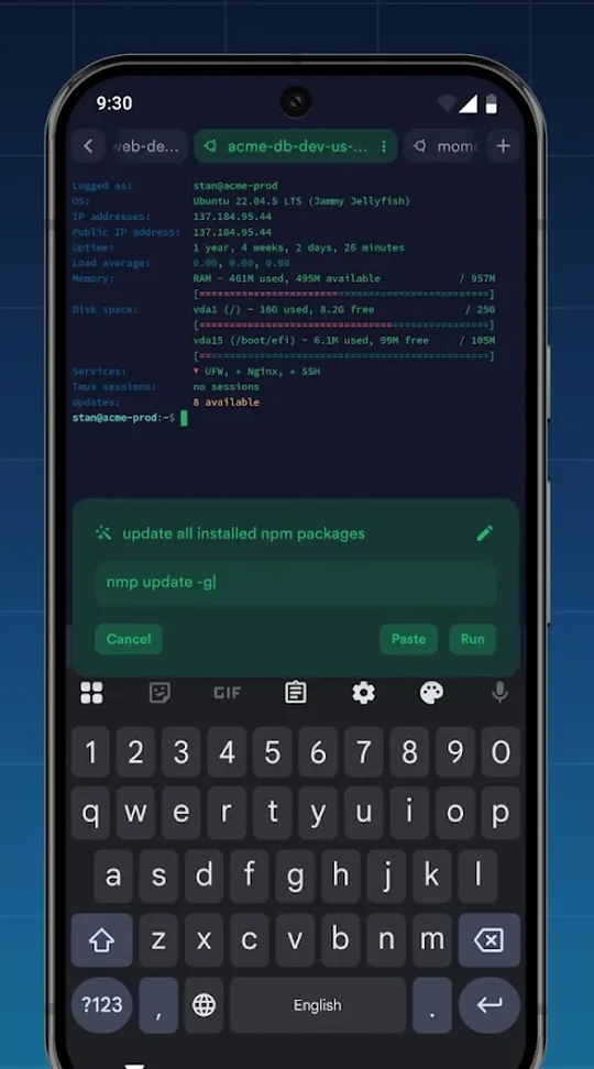 Termius: SSH-сессия на телефоне