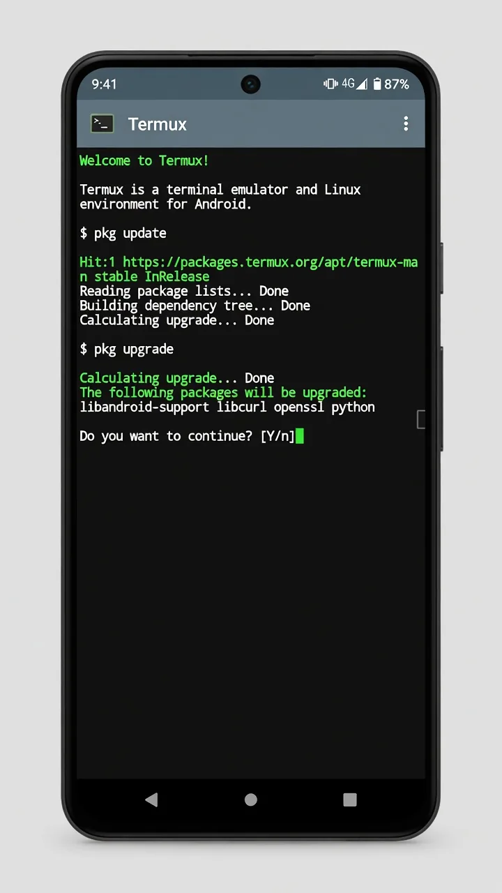 Termux: первый запуск и pkg update