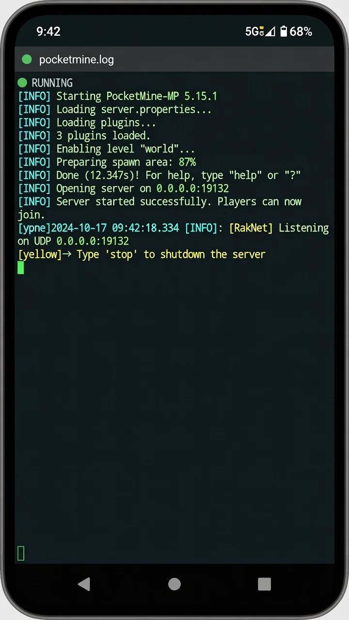 Termux: PocketMine-MP запущен